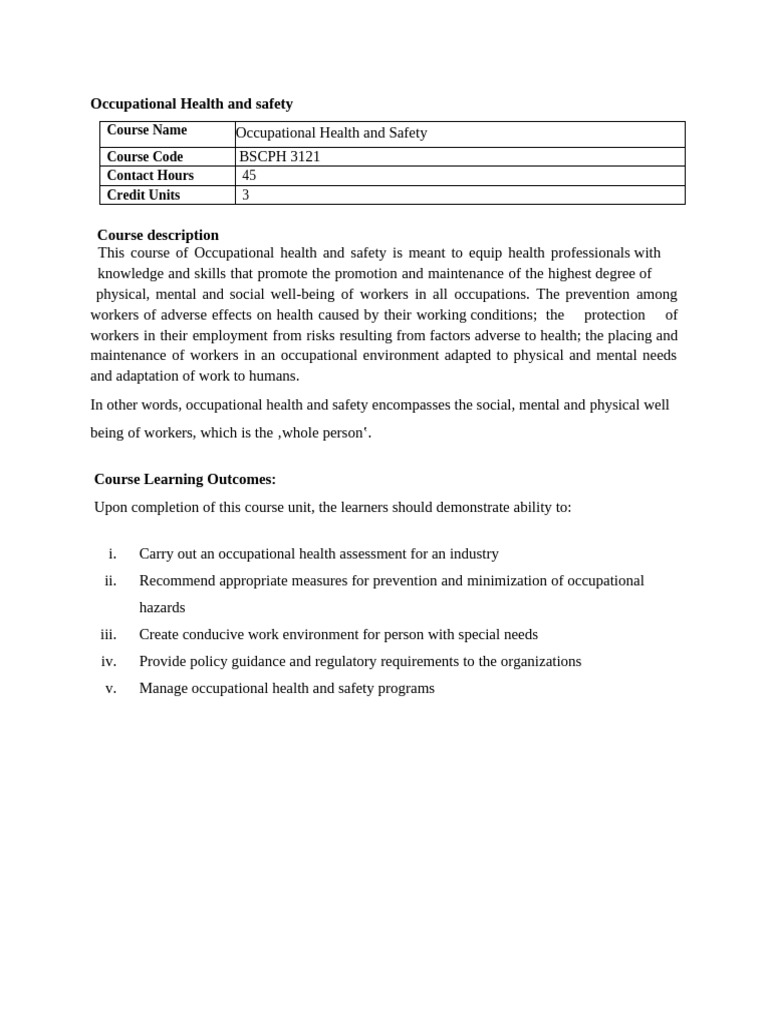 Occupational Health and Safety Course Overview | PDF | Occupational ...