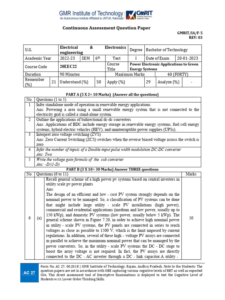 3rd Btech EEE 2022-23 PEA Ses-K1 | PDF | Photovoltaic System | Electric ...
