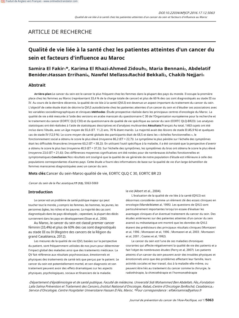 Qualité de vie des femmes avec cancer du sein | PDF | Cancer | Cancer ...