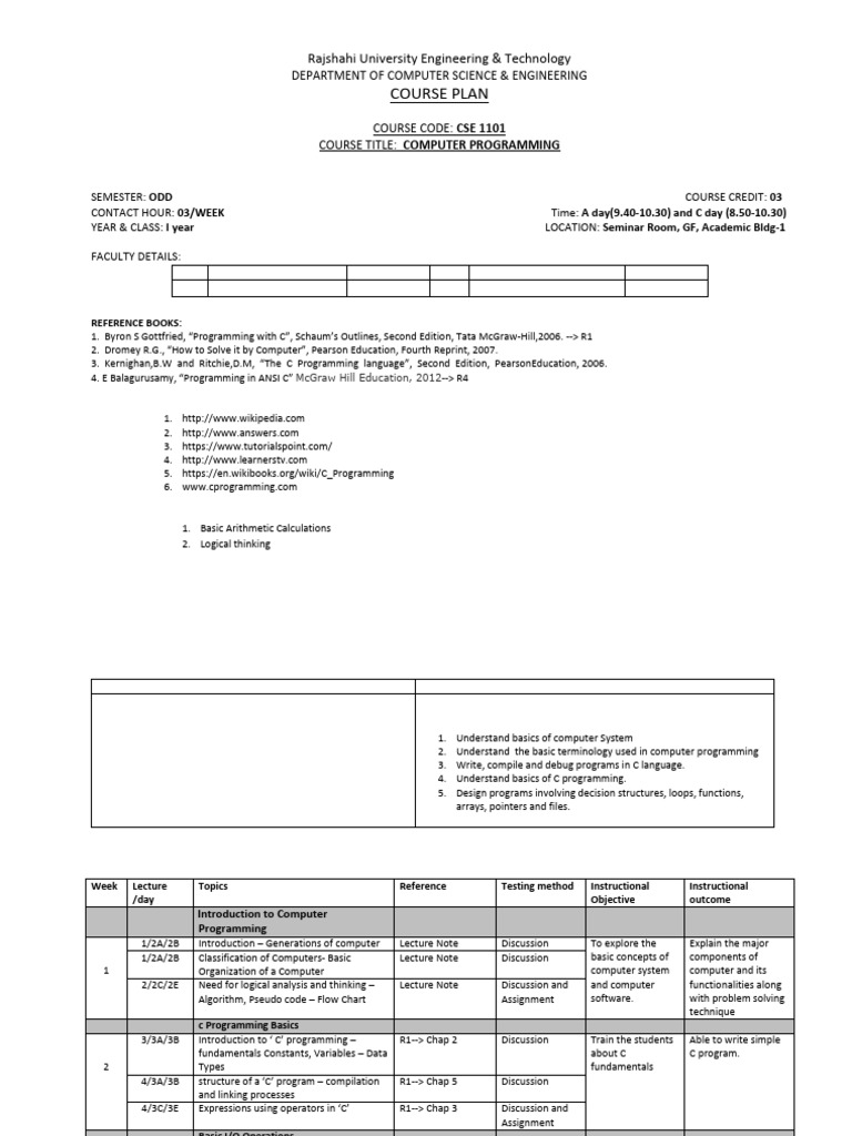 C Programming Course Plan at RUET | PDF | Control Flow | Computer Program
