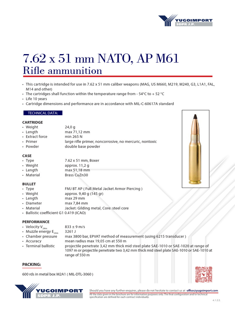 7.62x51mm NATO M61 AP Ammunition Specs | PDF