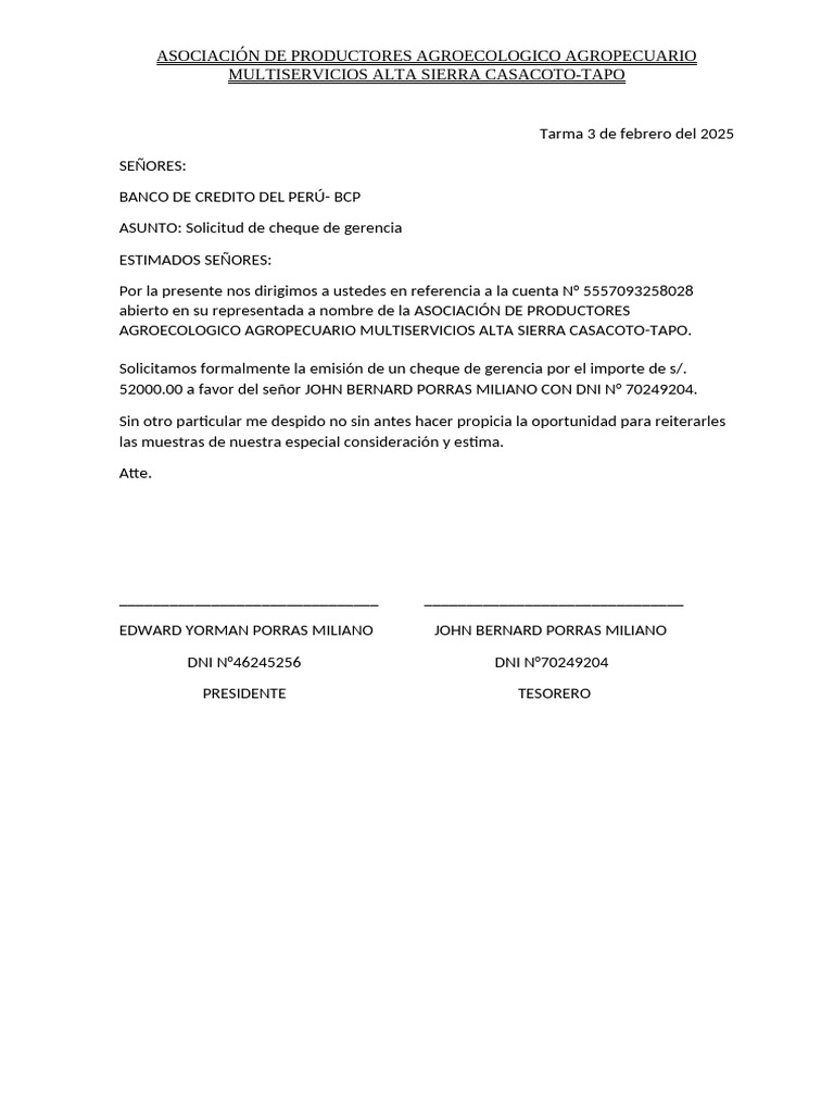 Solicitud de Cheque de Gerencia BCP | PDF
