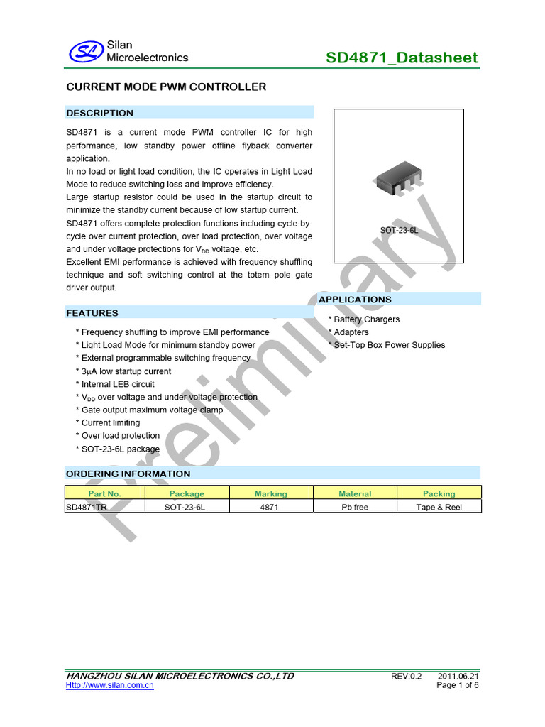 SD4871 PWM Controller in SOT-23-6L | PDF | Mosfet | Field Effect Transistor
