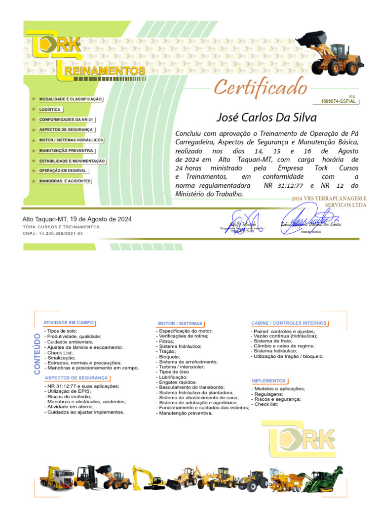 Certificado Pá Carregadeira 2024 - José Carlos Da Silva | PDF