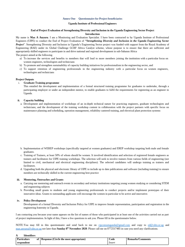 End of Project Evaluation Questionnaire | PDF | Engineering | Capacity ...