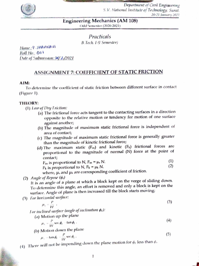 Coefficient of Static Friction Experiment | PDF | Materials | Metrology