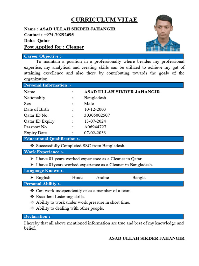 Cleaner CV of Asad Ullah Sikder | PDF