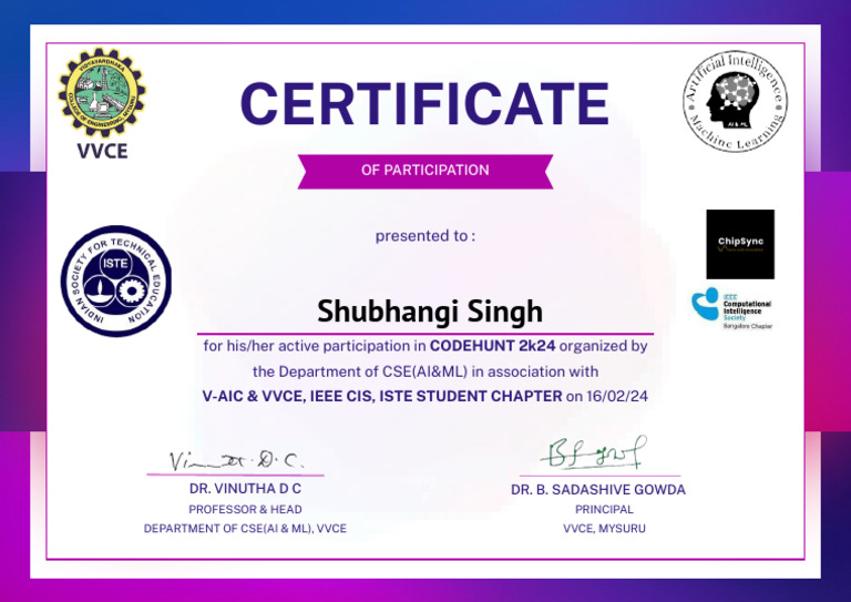 CODEHUNT 2k24 Participation Certificate | PDF