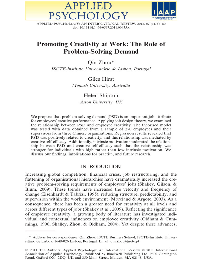 Applied Psychology - 2011 - Zhou - Promoting Creativity at Work The ...