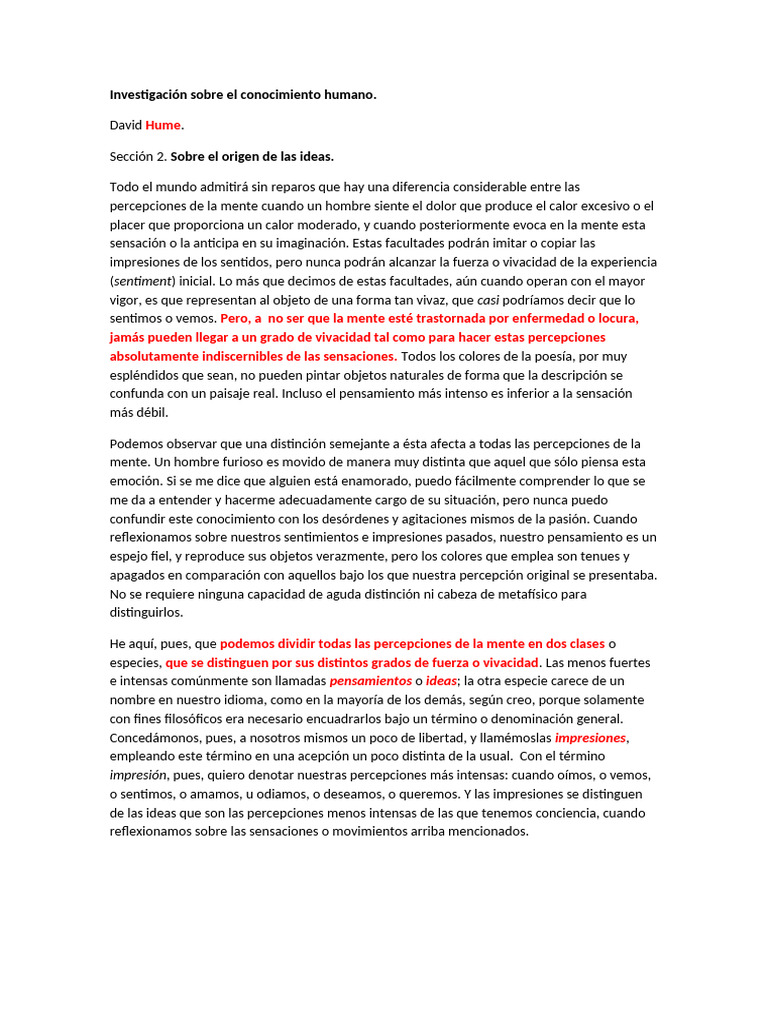 Origen de las Ideas en Hume | PDF | Mente | Pensamiento