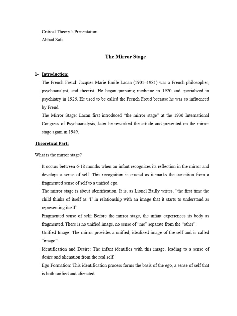 Lacan's Mirror Stage Explained | PDF | Jacques Lacan | Psychology