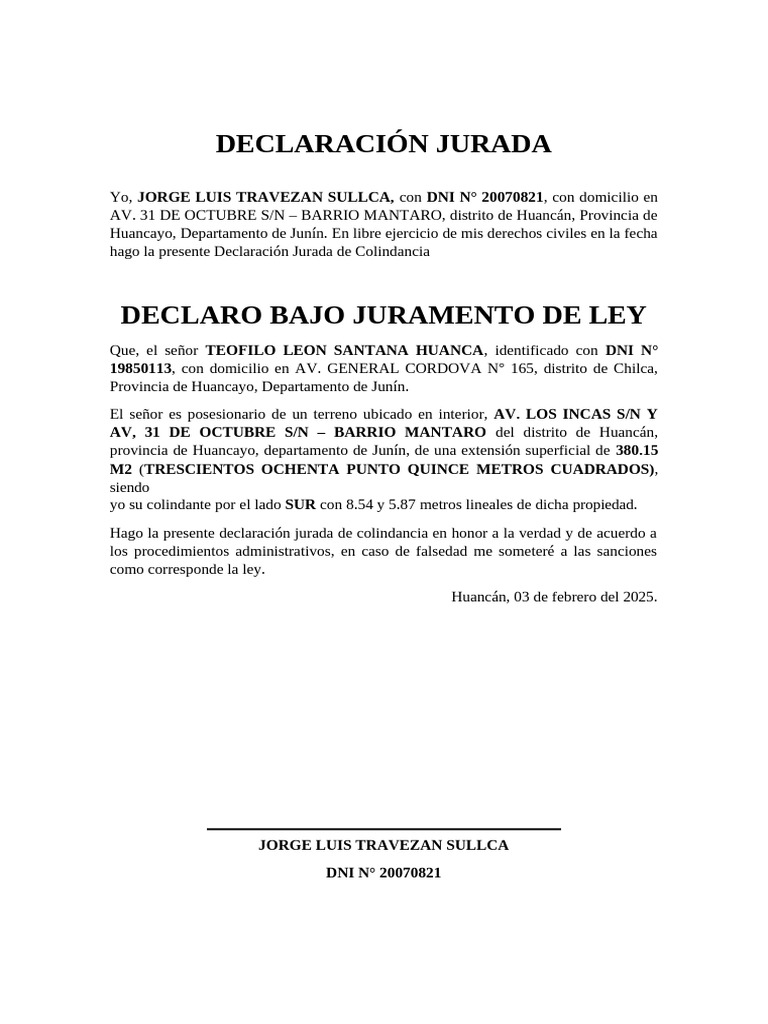 Declaración Jurada Colindante Sur | PDF