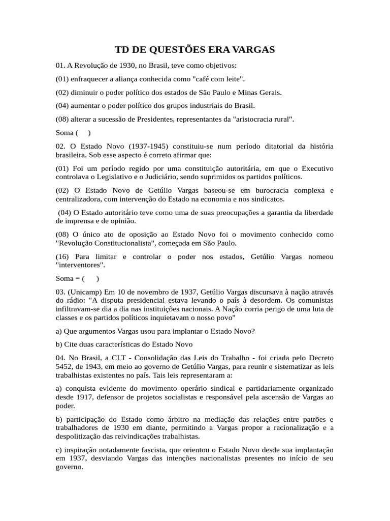 Questões sobre a Era Vargas | PDF | Brasil | Estado