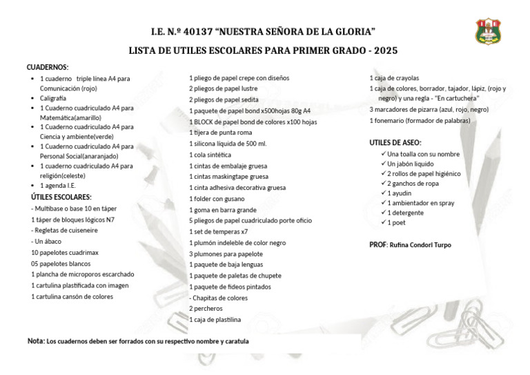 Lista de útiles escolares 1° grado 2025 | PDF