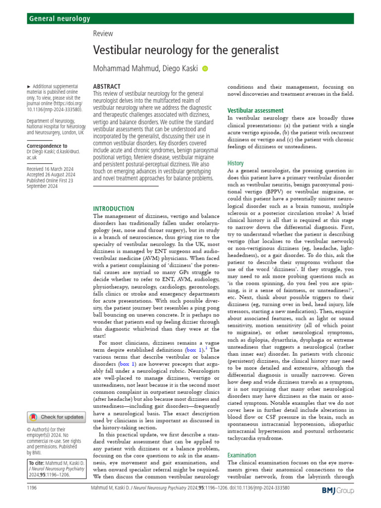 Vestibular Neurology For The Generalist | PDF | Vertigo | Vestibular System