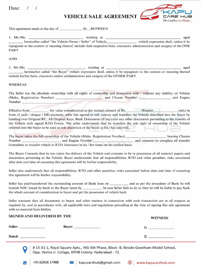 Vehicle Agreement Sale Template PDF
