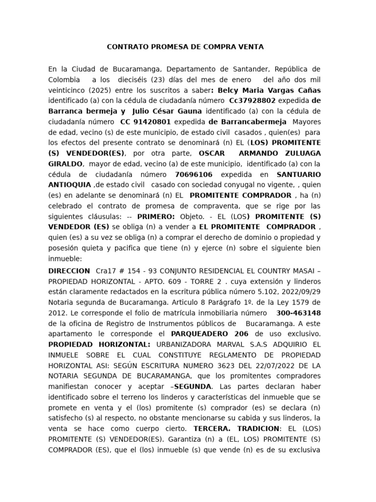 Contrato Promesa de Compraventa Inmueble | PDF | Ley común | Derecho ...