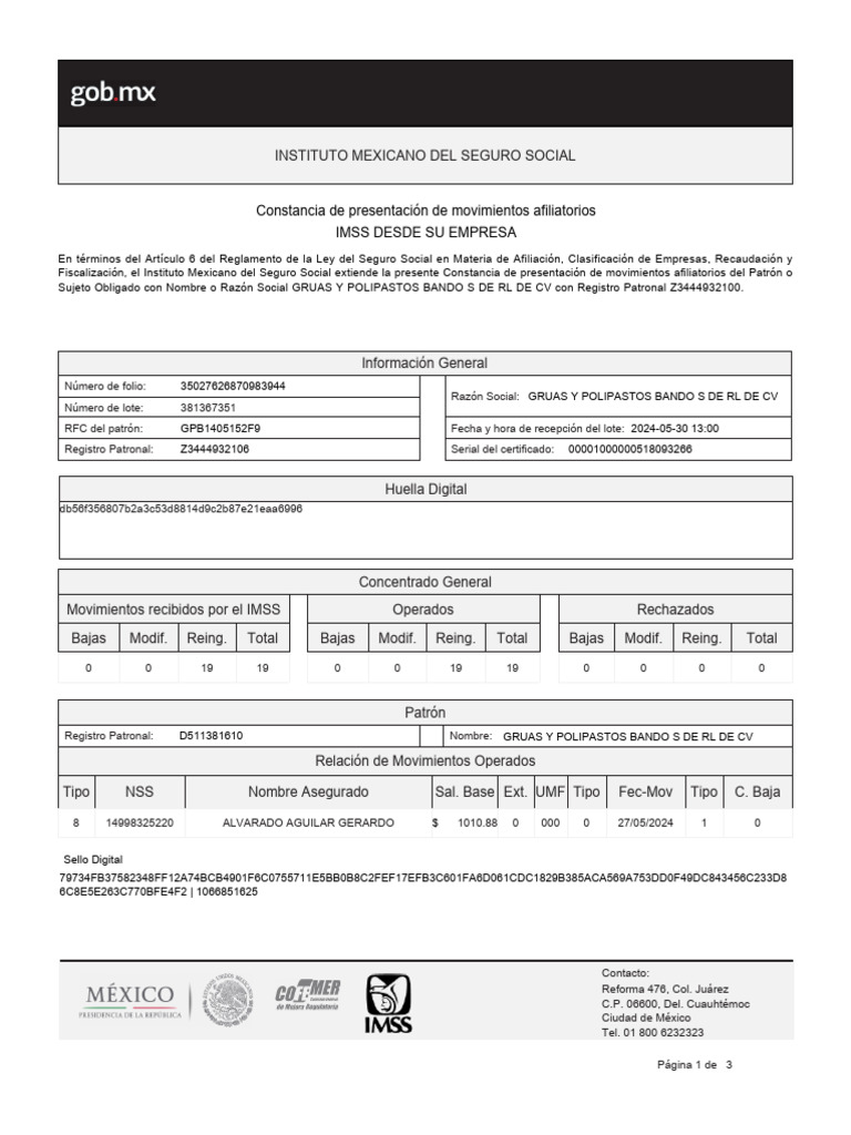 Constancia de Movimientos IMSS 2024 | PDF