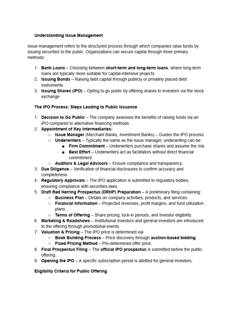 Guide to Issue Management and IPO Process | PDF | Initial Public ...