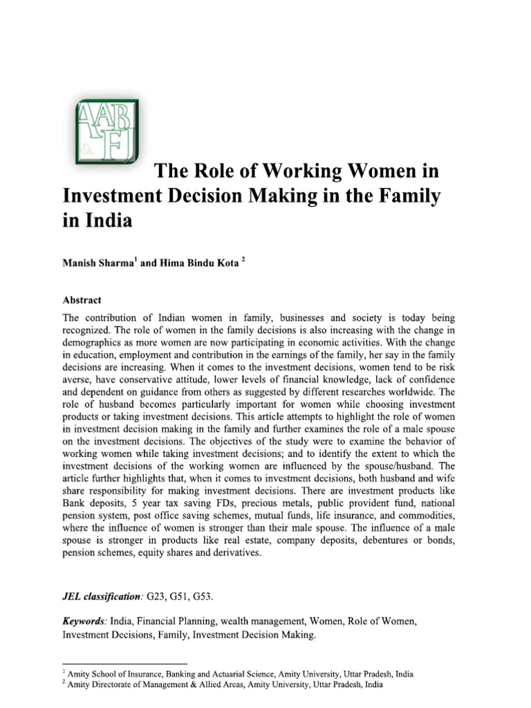 The Role of Working Women in Investment Decision Making in The Family ...