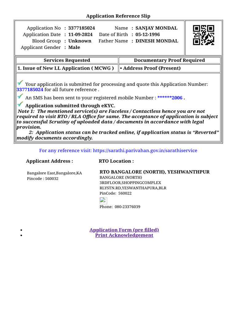 Application Reference Slip for LL 3377185024 | PDF