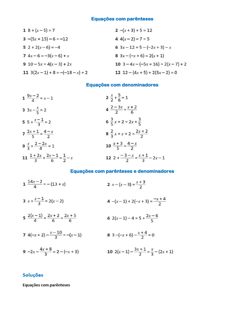 Equações com Parênteses e Denominadores | PDF