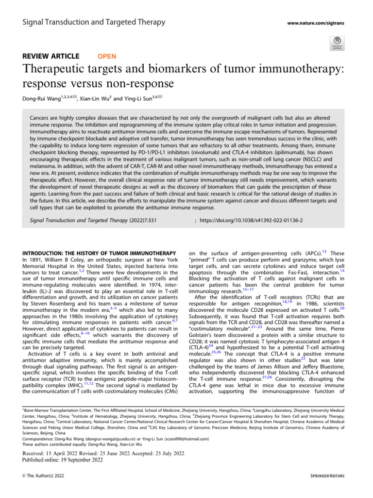 Therapeutic Targets and Biomarkers of Tumor Immunotherapy: Response ...