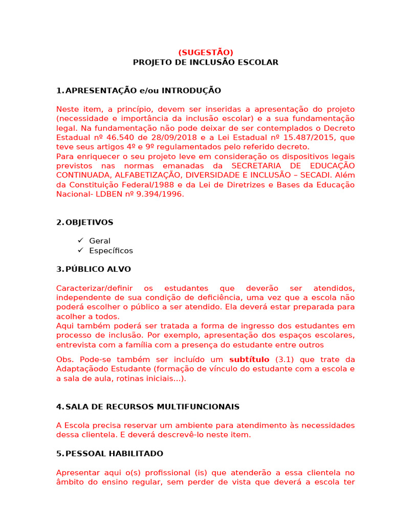 Projeto de Inclusão Escolar: Diretrizes e Objetivos | PDF | Educação ...