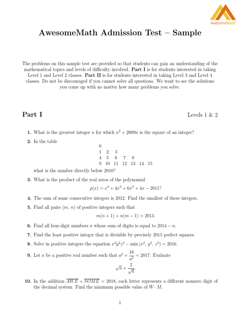 AwesomeMath Admission Test Sample | PDF | Polynomial | Numbers