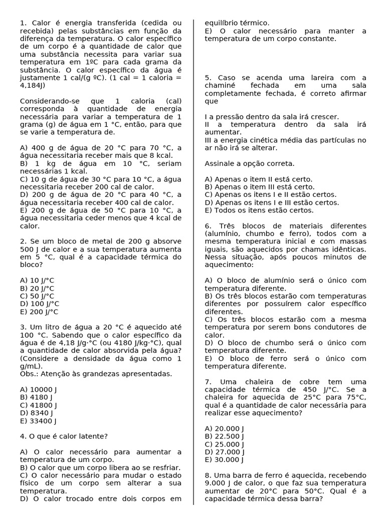 Cálculos de Calor e Temperatura em Física | PDF | Calor | Temperatura