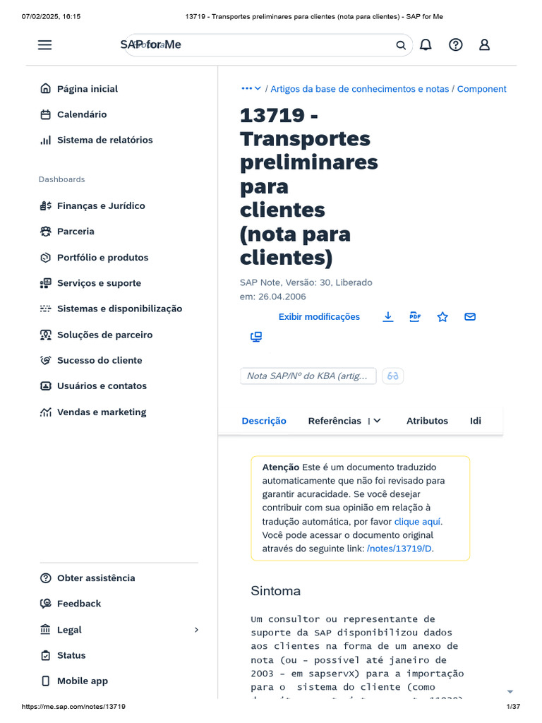 Nota SAP 13719: Transportes para Clientes | PDF | Tecnologia da ...
