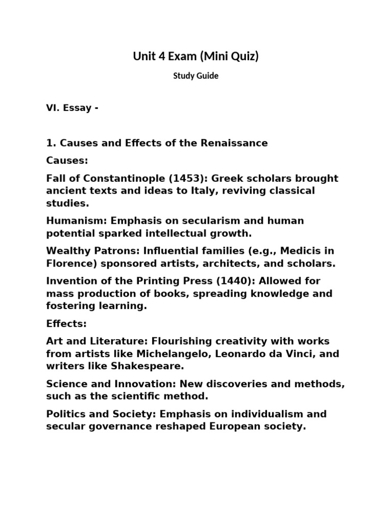 Unit 4 Exam - Mini Quiz - Study Guide | PDF | Renaissance