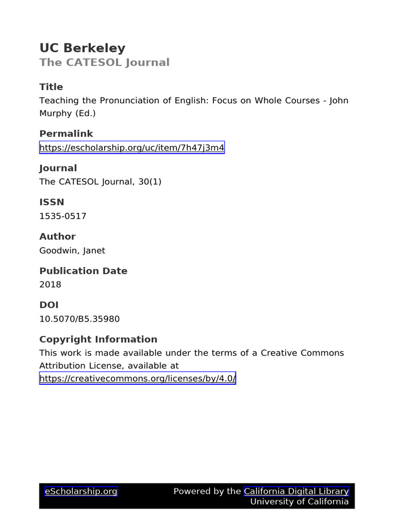 UC Berkeley: The CATESOL Journal | PDF | English As A Second Or Foreign ...