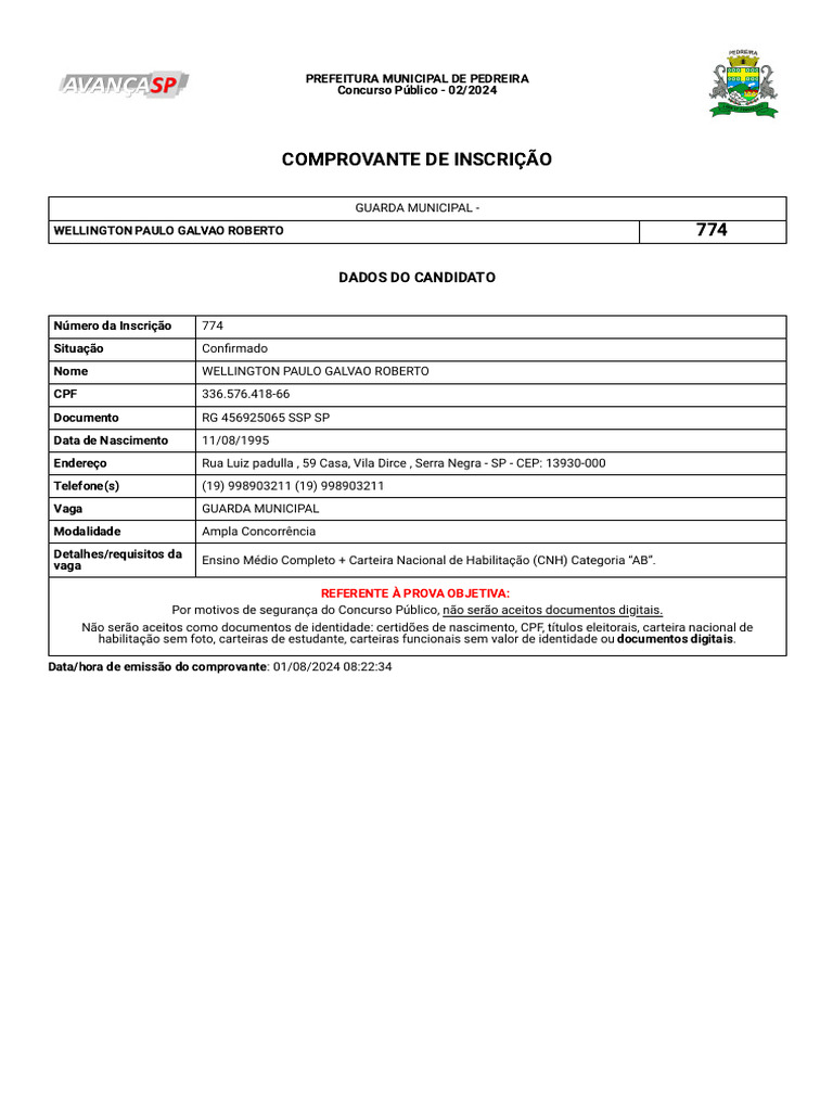Comprovante de Inscrição - Guarda Municipal | PDF