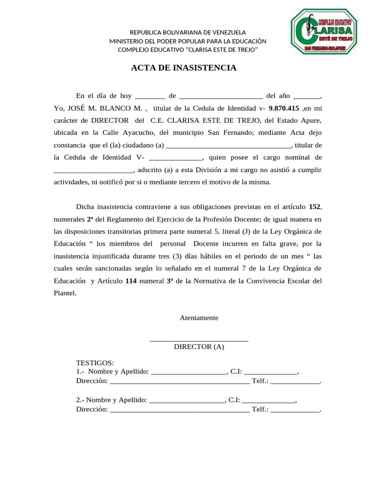 Acta de Inasistencia Docente en Venezuela | PDF | Gobierno