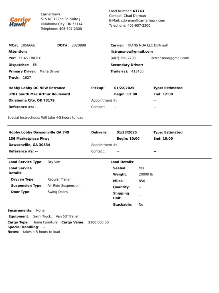 Load Confirmation for TRANS NOA LLC | PDF | Cargo | Bill Of Lading