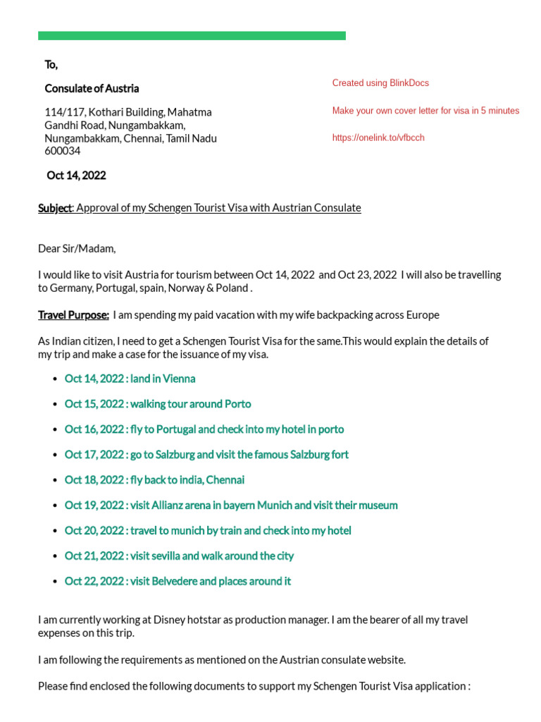 Sample Travel Itinerary Letter For Visa Approval | PDF | Travel Visa ...