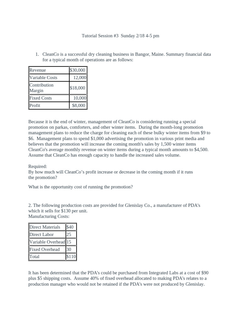 CleanCo Profit Analysis and Costing Tutorial | PDF | Cost | Cost Of ...