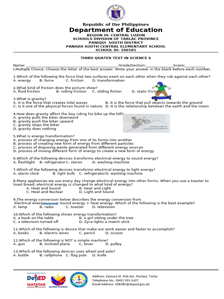 Science 6 Third Quarter Test Guide | PDF | Friction | Machines