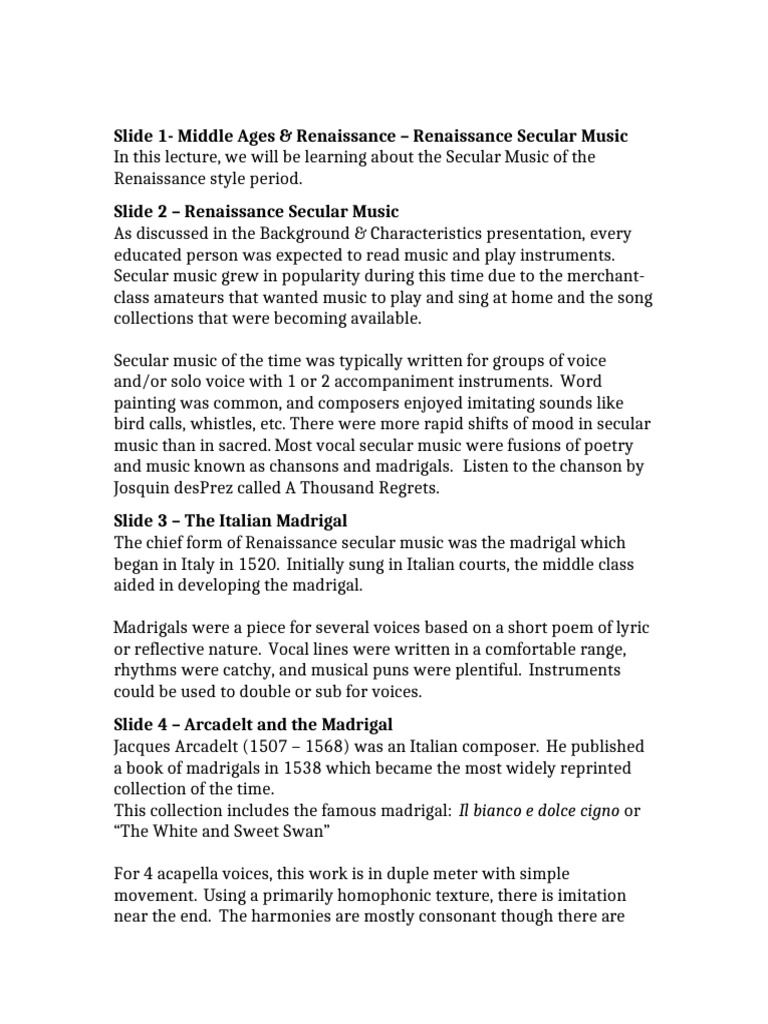 Renaissance Secular Music Overview | PDF | Performing Arts | Musicology