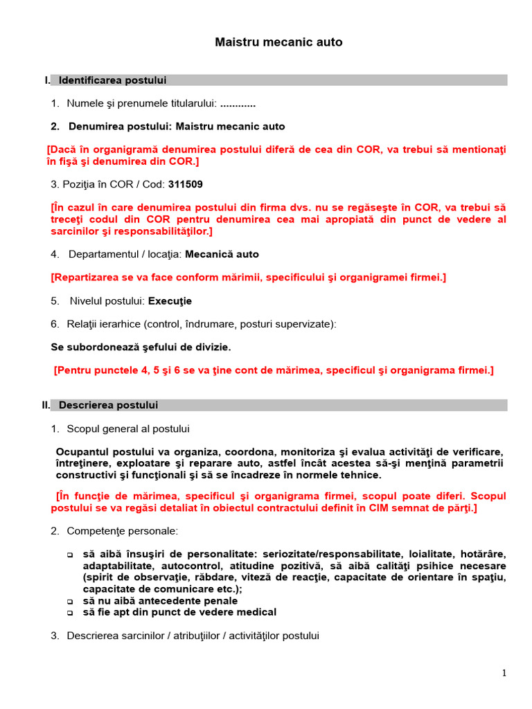 Fisa Postului Pentru Maistru Mecanic Auto | PDF