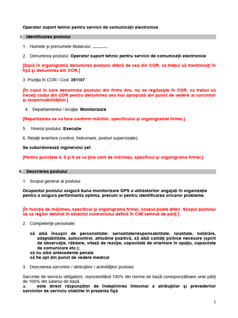 Fisa Postului Pentru Operator Suport Tehnic | PDF