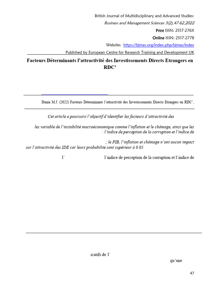 Attractivité des IDE en RDC : Facteurs clés | PDF | Croissance ...