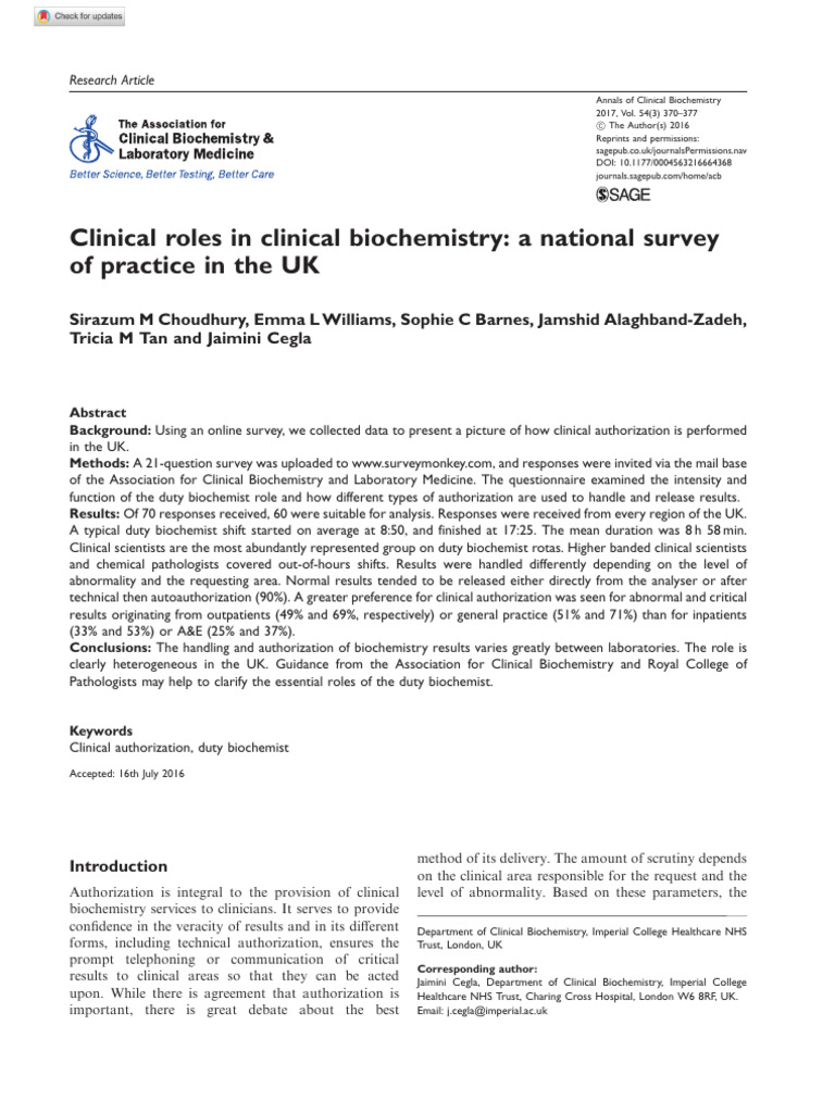 Choudhury Et Al 2016 Clinical Roles in Clinical Biochemistry A National ...