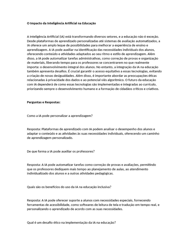 Impacto da IA na Educação e Desafios | PDF | Inteligência artificial ...