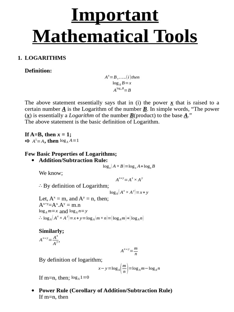 Important Mathematical Tools | PDF | Mathematical Objects | Arithmetic