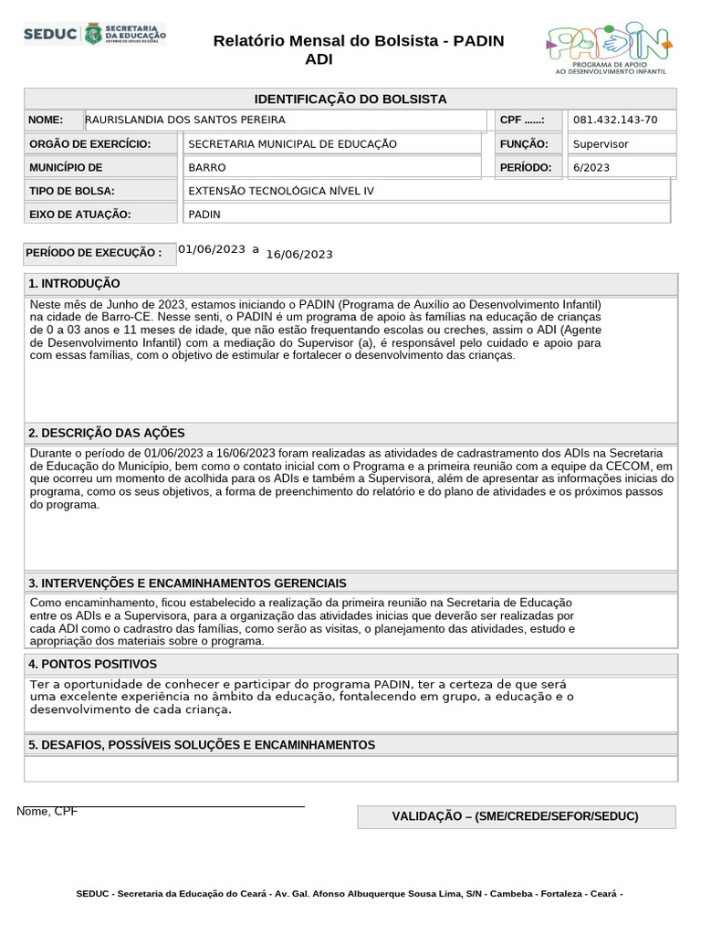 Relatório Mensal do PADIN - Junho 2023 | PDF