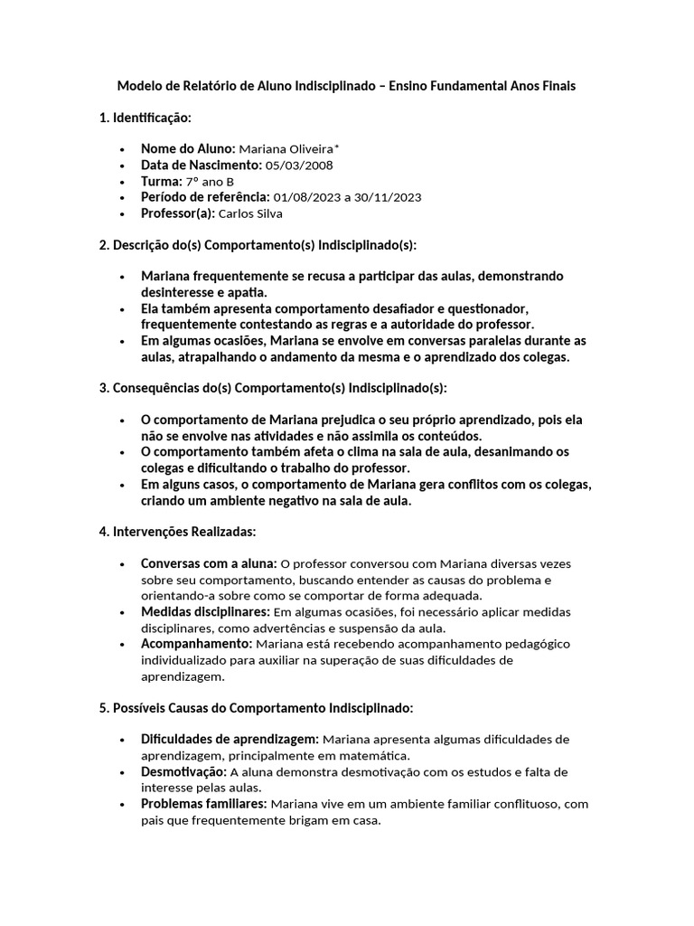 Relatório de Aluno Indisciplinado | PDF | Aprendizado | Pedagogia