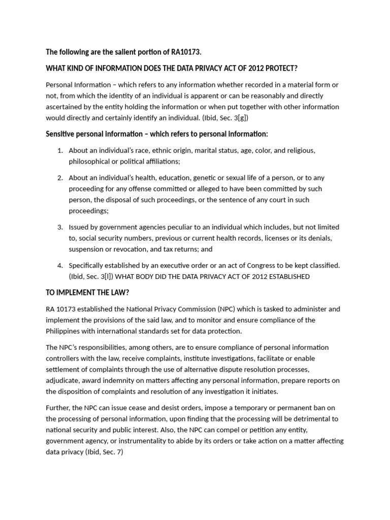The Following Are The Salient Portion of RA10173 | PDF | Consent | Privacy