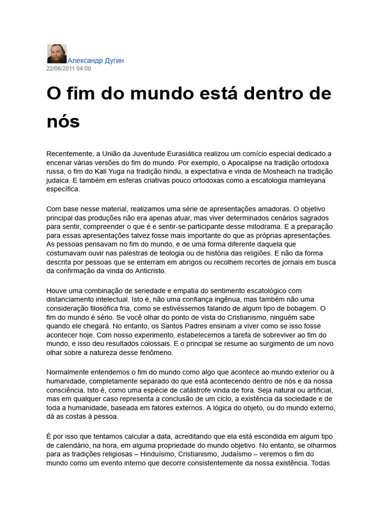 O Fim do Mundo: Uma Reflexão Interna | PDF | Escatologia | Natureza humana